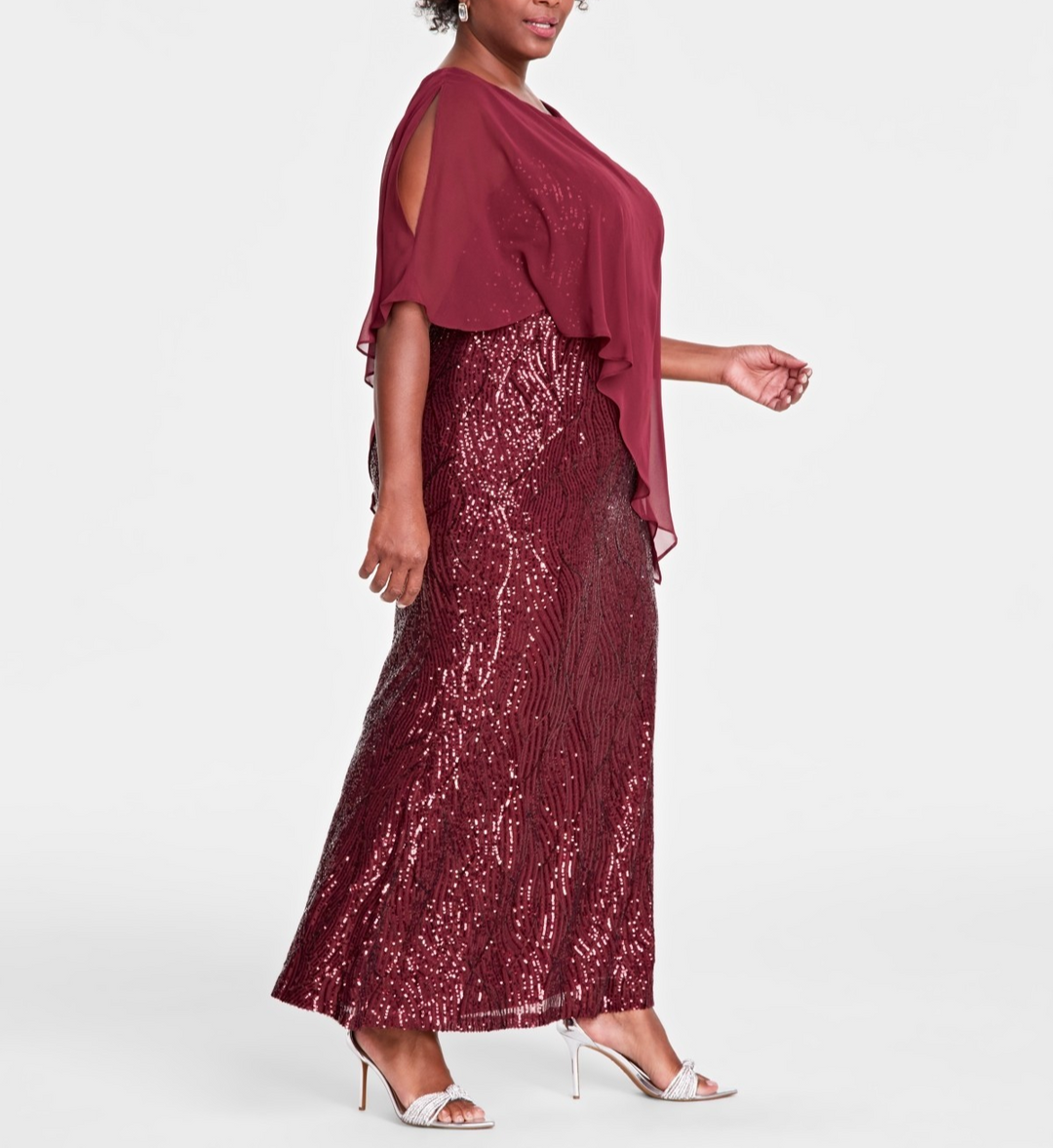 SL Fashions Plus Size Asymmetrical-Cape Sequin Gown MSRP $159