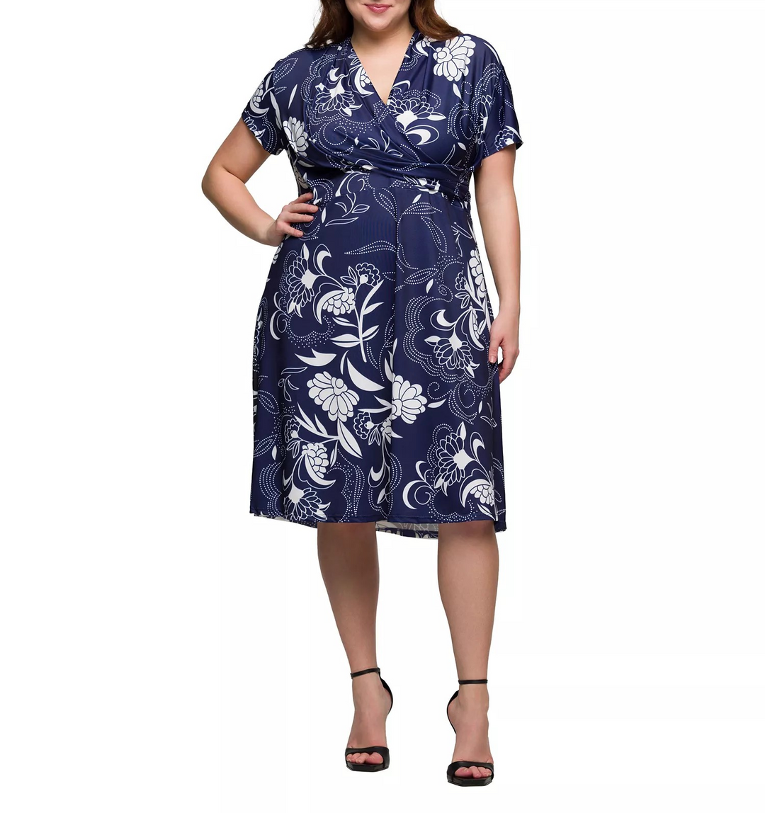 24seven Comfort Apparel Plus Size Print Short Sleeve Wrap Dress MSRP $79