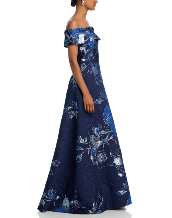 Teri Jon by Rickie Freeman Off-the-Shoulder Metallic Floral Jacquard Gown $880