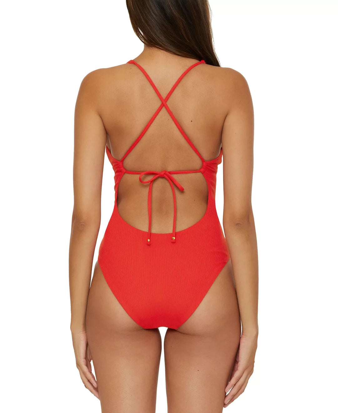 Becca Modern Edge Ribbed Plunge-Neck One-Piece Swimsuit MSRP $148