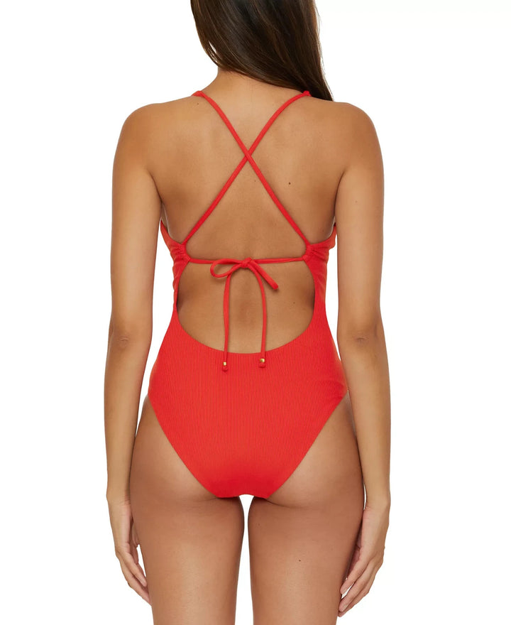 Becca Modern Edge Ribbed Plunge-Neck One-Piece Swimsuit MSRP $148