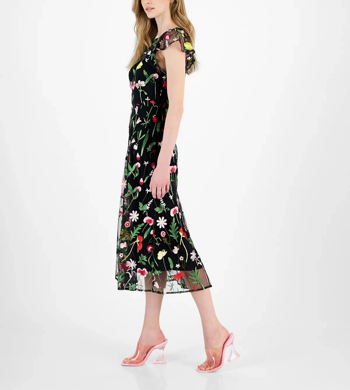 Sam Edelman Fresh Cut Embroidery Cold-Shoulder Midi Dress MSRP $148