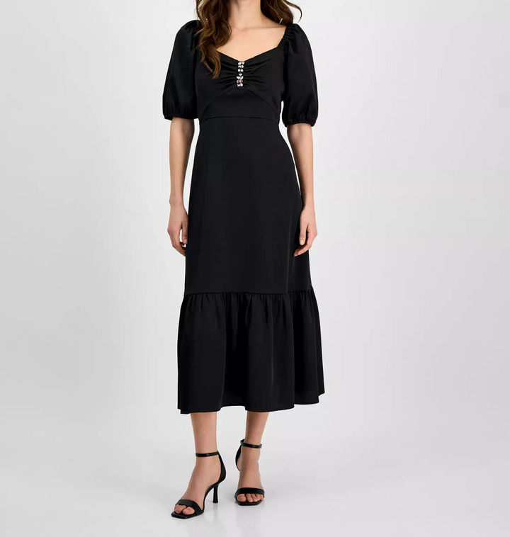 Anne Klein Women's Rhinestone Puff-Sleeve Midi Dress MSRP $139.00