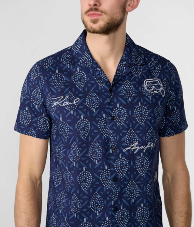 Karl Lagerfeld Paris Leaf Print Short Sleeve Embroidered Shirt MSRP $119