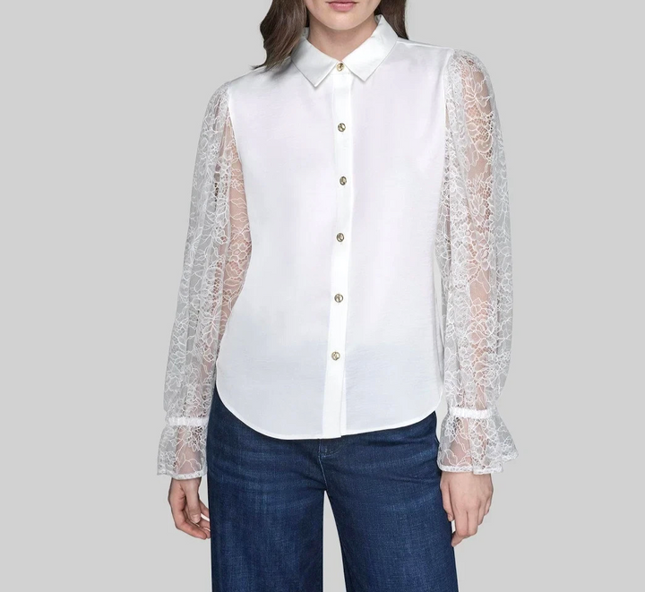 KARL LAGERFELD PARIS Lace Sleeve Button Up Blouse MSRP $109