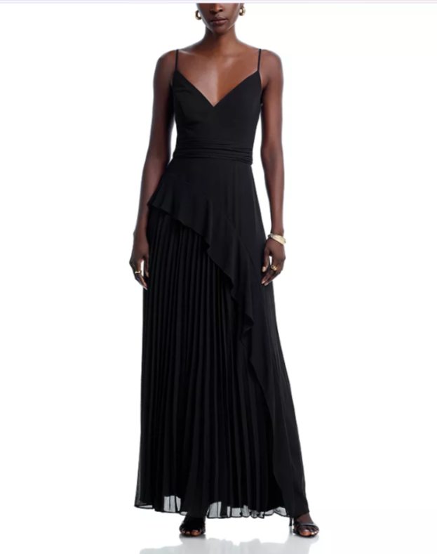 AQUA Long Chiffon Pleated Dress MSRP $278