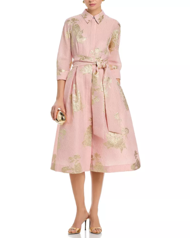 Teri Jon by Rickie Freeman Metallic Floral Jacquard Shirt Dress MSRP $680