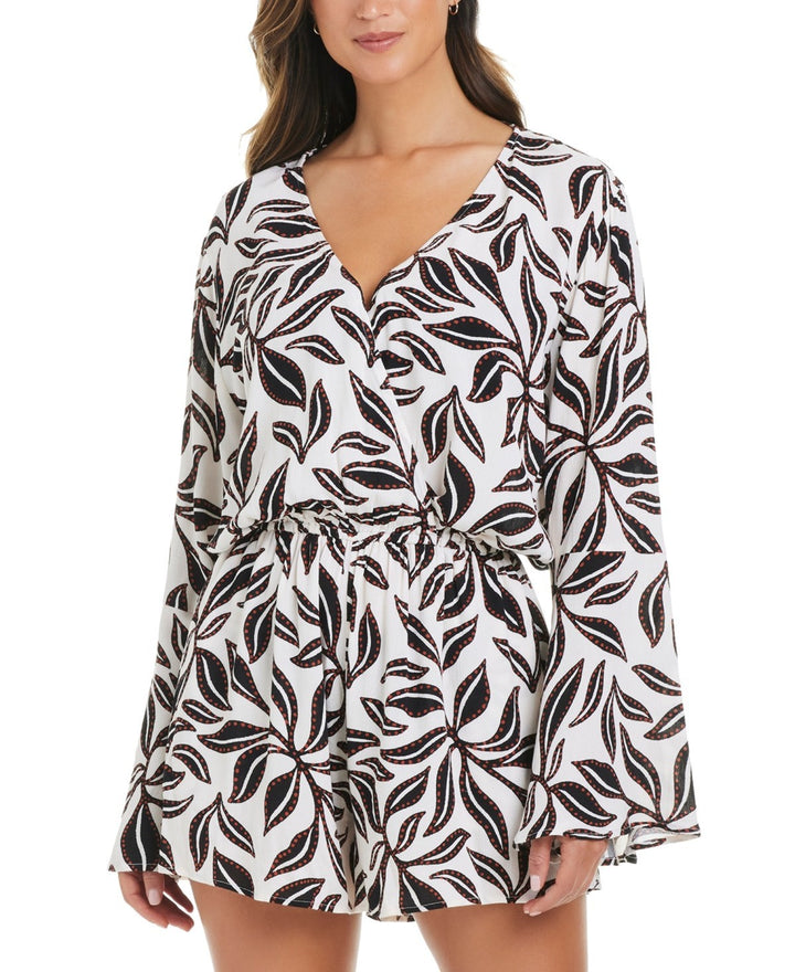 Bar III Resort Daze Printed Bell-Sleeve Romper MSRP $56