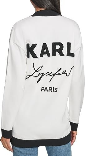 KARL LAGERFELD PARIS Women's Varsity Logo-Patch Button Cardigan MSRP $129