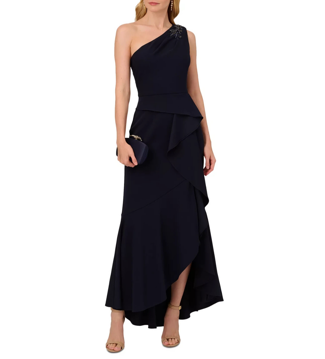 Adrianna Papell Women's Beaded One-Shoulder Crepe Gown MSRP $159