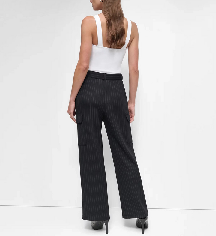 DKNY Pinstripe Tie-Waist Wide-Leg Cargo Pants MSRP $99
