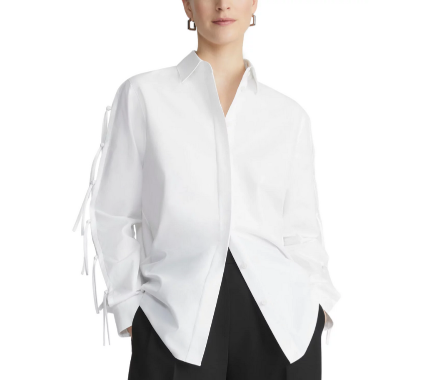 Lafayette 148 New York Cotton Poplin Fringe Tie Shirt MSRP $698