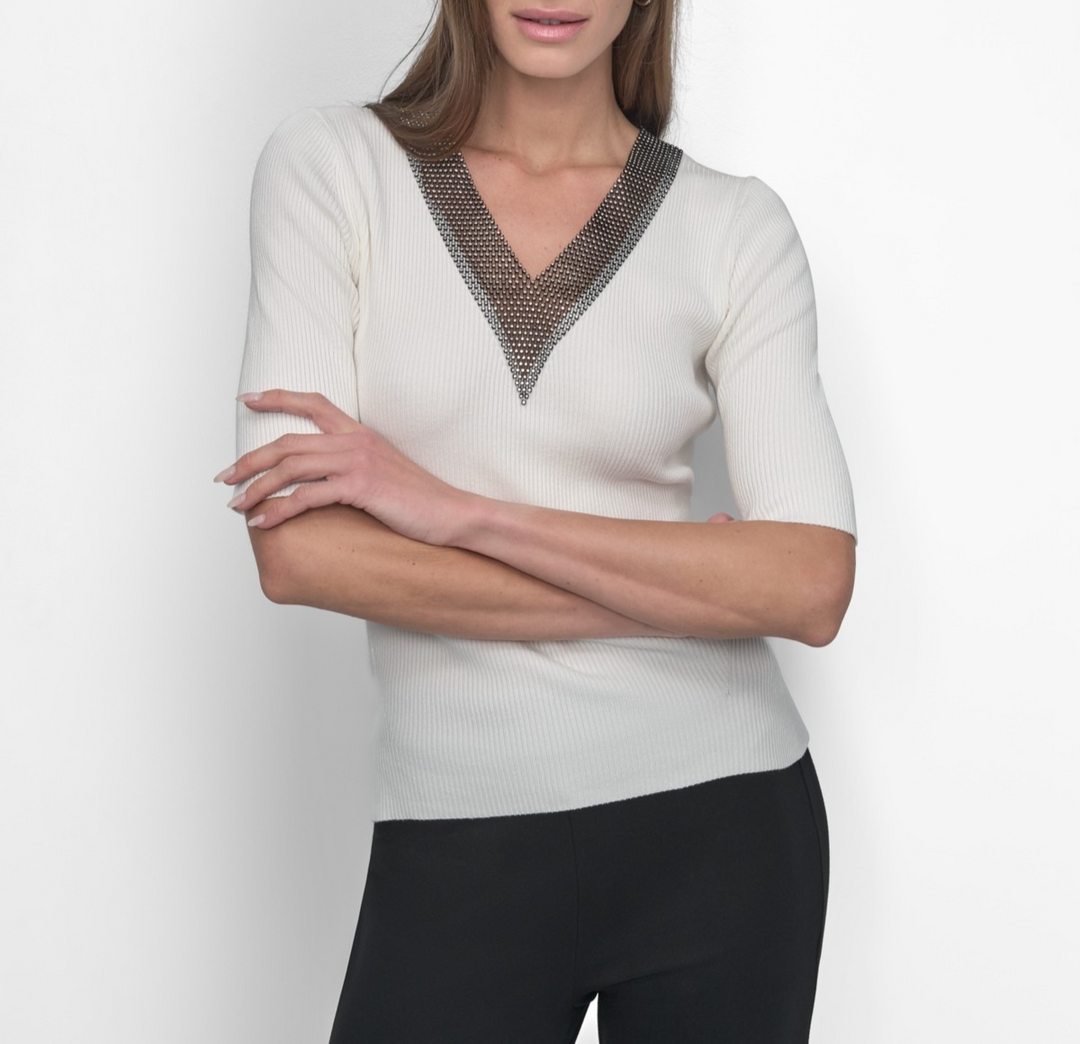 DKNY Women's Embellished-Neck Half-Sleeve Ribbed Sweater MSRP $89