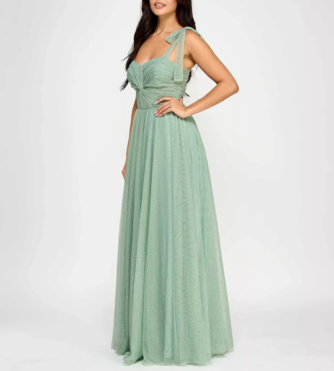 City Studios Juniors' Twist-Front Shoulder-Tie Glitter Gown MSRP $169