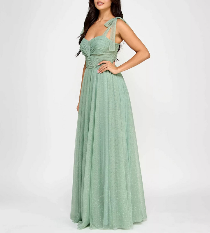 City Studios Juniors' Twist-Front Shoulder-Tie Glitter Gown MSRP $169
