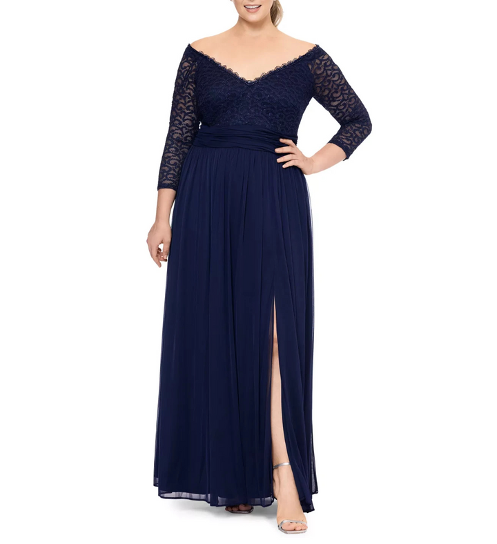 Betsy & Adam Lace Off-The-Shoulder 3/4-Sleeve Gown MSRP $298