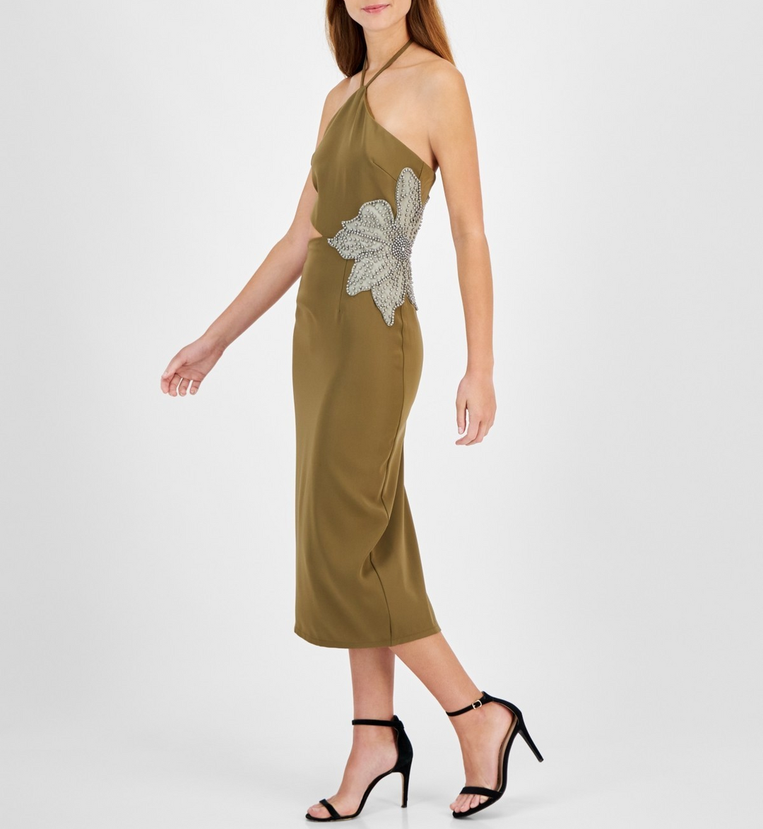 Avec Les Filles Halter-Neck Floral Applique Dress MSRP $178