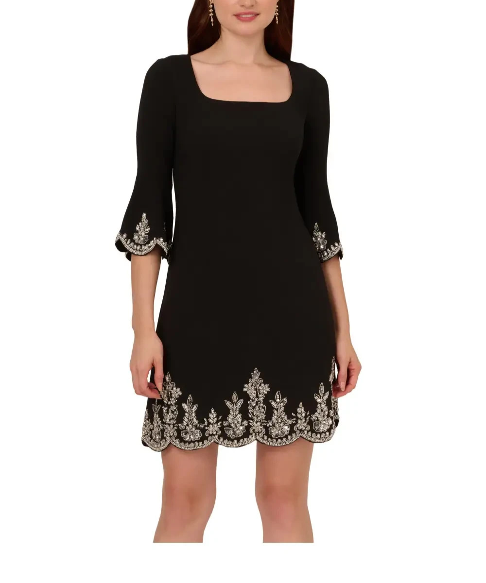 Adrianna Papell Beaded Crepe Bell Sleeve Dress MSRP $ 249