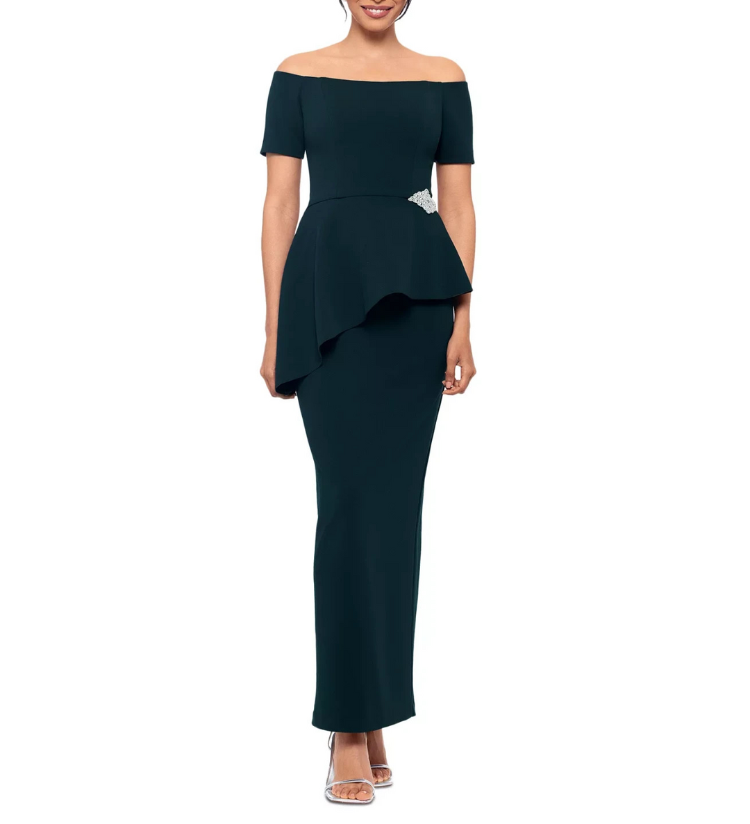 Betsy & Adam Off-The-Shoulder Embellished Draped Gown MSRP $269