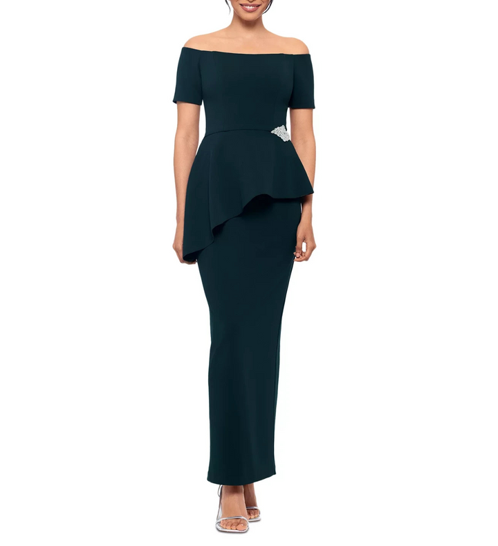 Betsy & Adam Off-The-Shoulder Embellished Draped Gown MSRP $269
