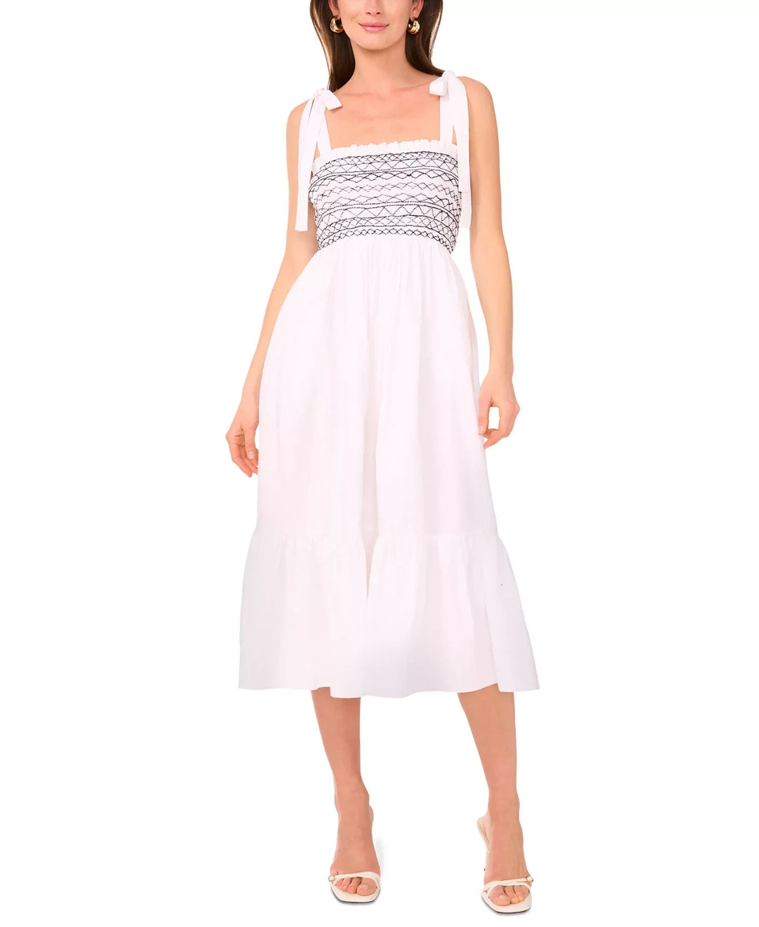 1.STATE Women's Cotton Tie-Shoulder Smocked Midi Dress MSRP $109