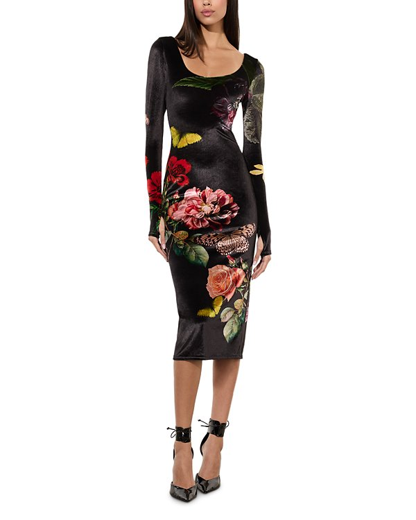 Alice and Olivia Delora Velvet Scoop Neck Midi Dress MSRP $395