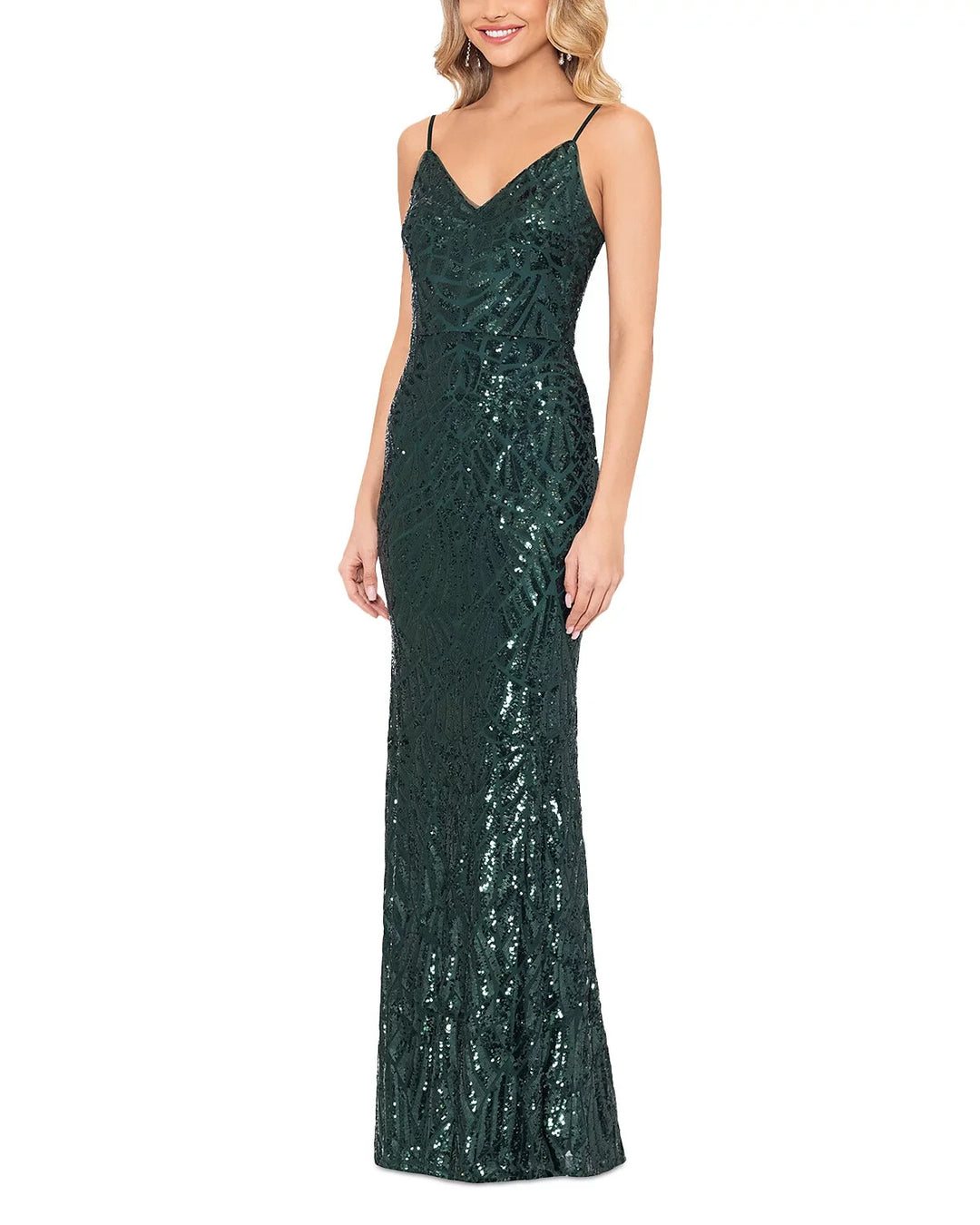 AQUA V-Neck Spaghetti Strap Sequin Gown MSRP $348