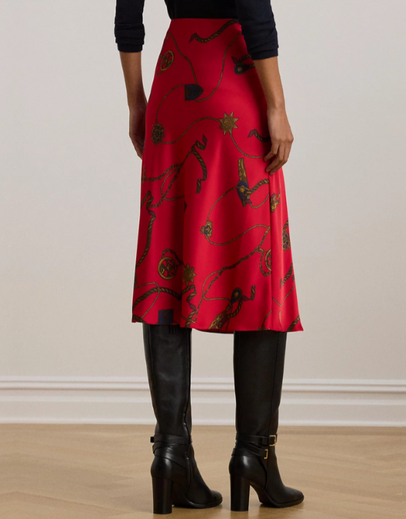 Lauren Ralph Lauren Belting-Print Satin Charmeuse Midi Skirt MSRP $175