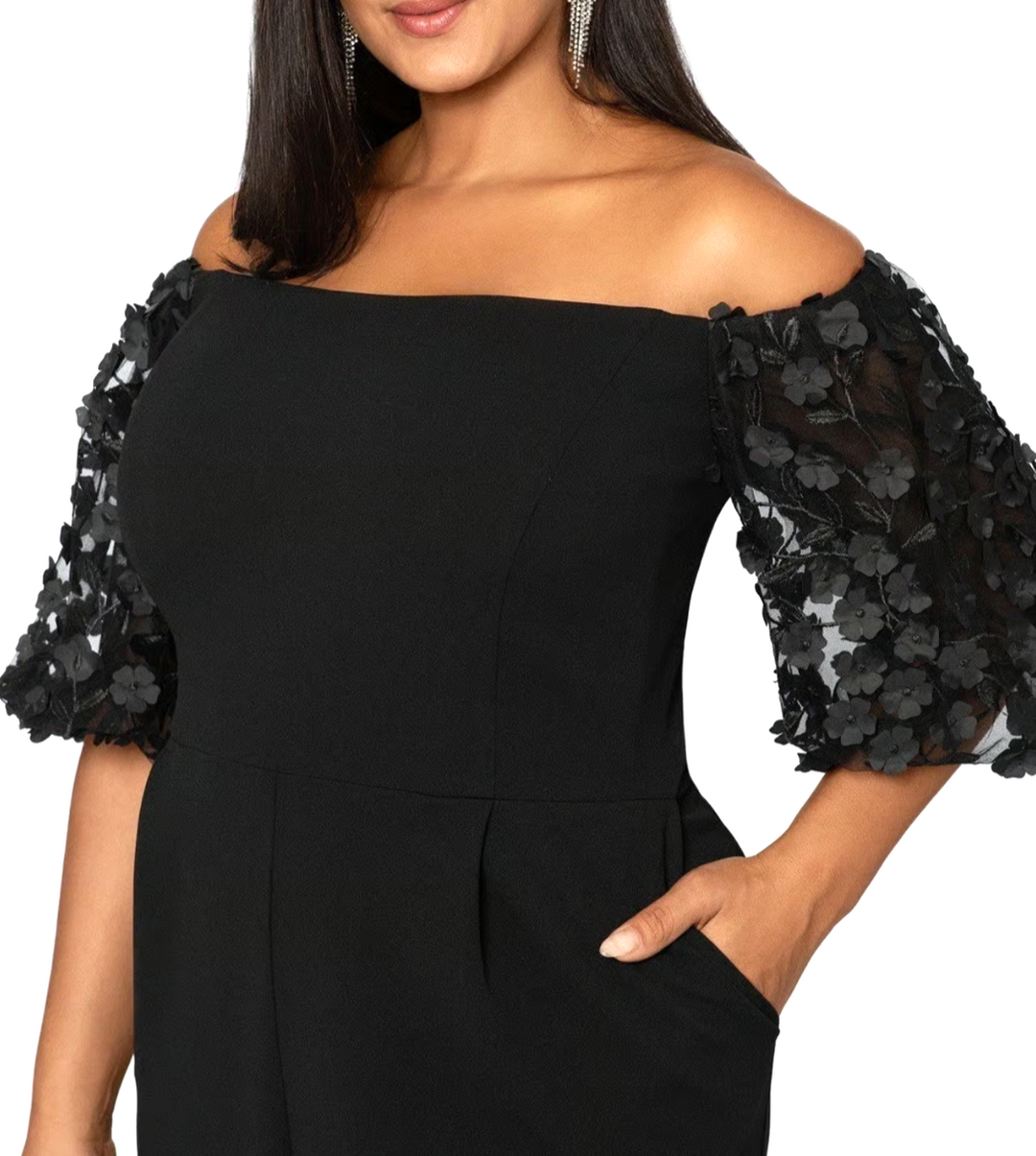 XSCAPE Plus Size Off-The-Shoulder Ruched Side Floral Jumpsuit MSRP $219