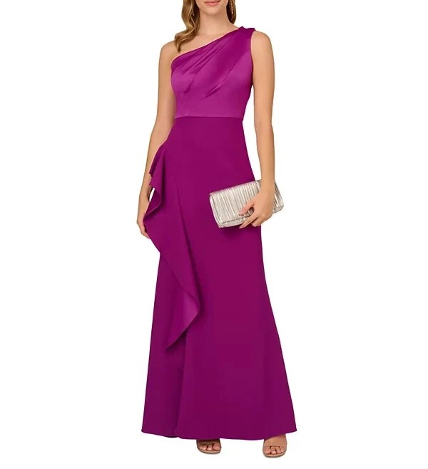 Adrianna Papell One-Shoulder Satin-Trim Draped Gown MSRP $199