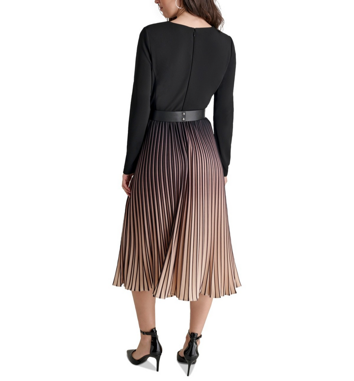 DKNY Ombré Belted Pleated-Skirt Long-Sleeve Dress MSRP $159