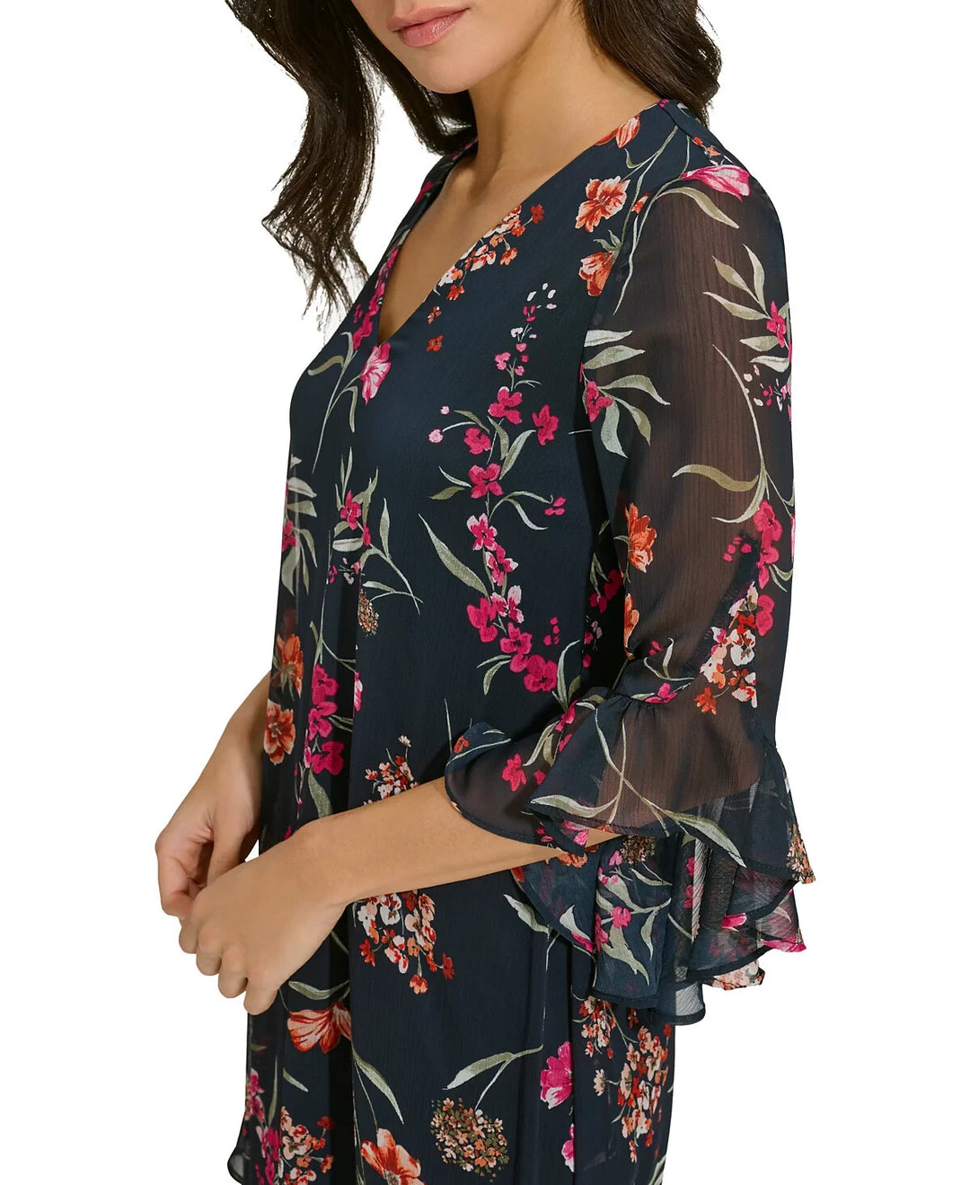 Calvin Klein Printed Chiffon Bell-Sleeve Dress MSRP $119