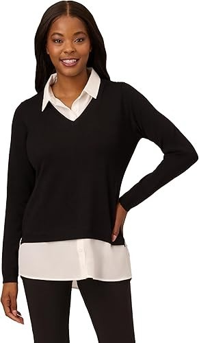 Adrianna Papell Womens Solid V-Neck Twofer Sweater MSRP $89