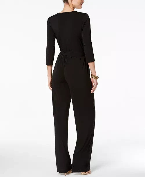NY Collection Petite 3/4 Sleeve Belted Wide Leg Jumpsuit MSRP $66