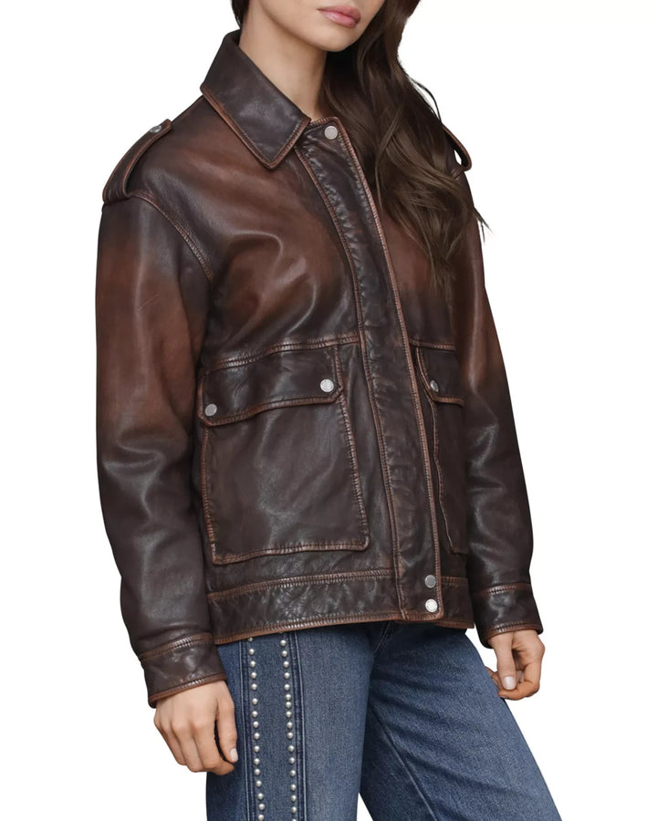 Avec Les Filles Genuine Leather Aviator Jacket MSRP $548
