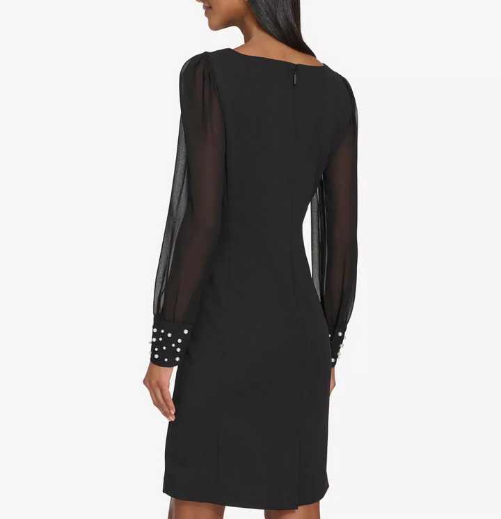 KARL LAGERFELD PARIS Illusion-Sleeve Beaded-Cuff Dress MSRP $138