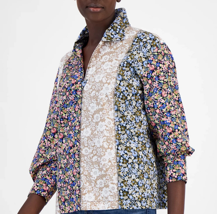 Nautica Jeans Women's Pieced Floral-Print Collared Top MSRP $69.50