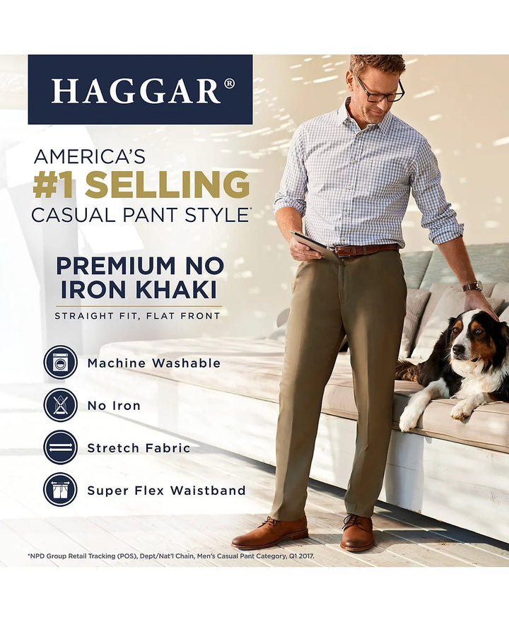 Haggar Premium No Iron Khaki Straight-Fit Stretch Flat-Front Pants MSRP $70