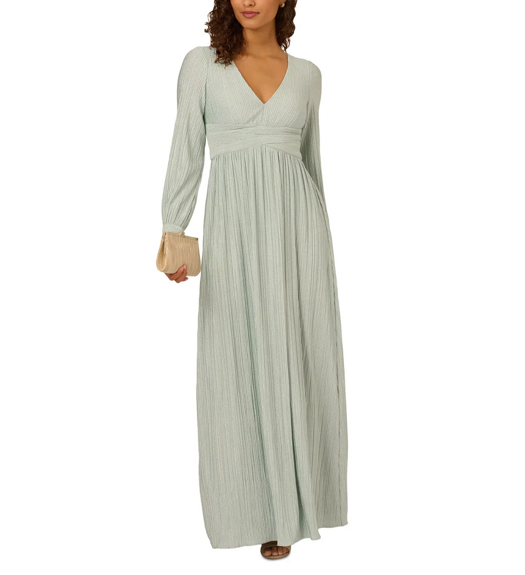 Adrianna Papell Women's V-Neck Pleated Metallic Gown MSRP $249
