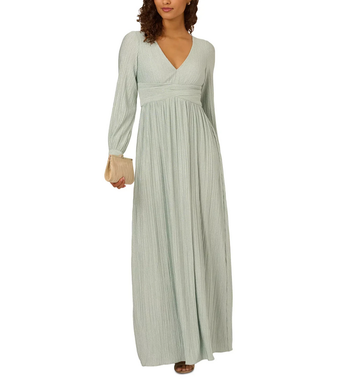 Adrianna Papell Women's V-Neck Pleated Metallic Gown MSRP $249