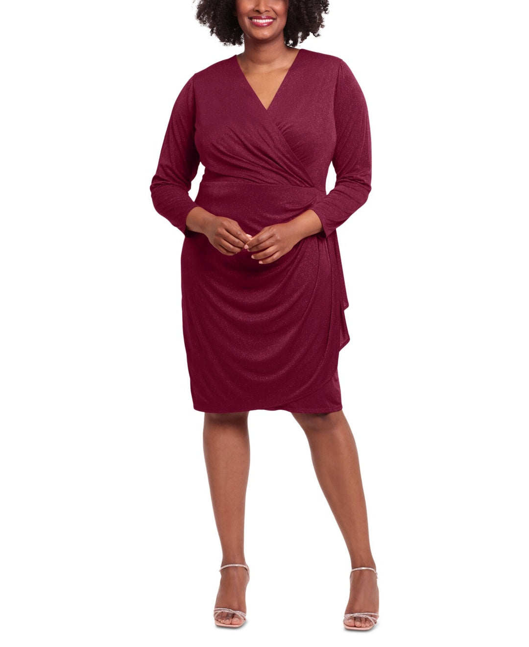 London Times Plus Size Ruched Surplice Glitter-Knit Dress MSRP $109