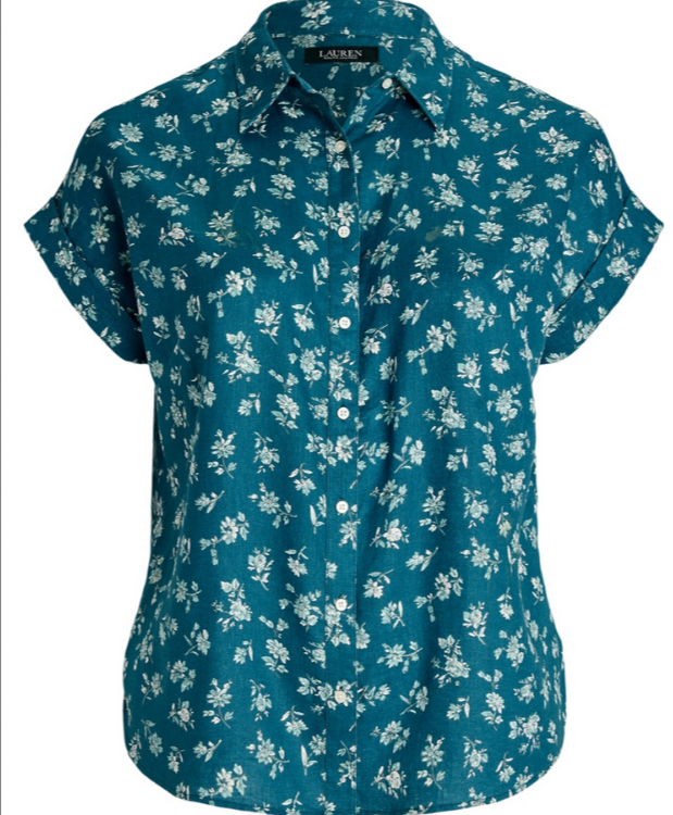 LAUREN Ralph Lauren Linen Cuffed Floral Shirt MSRP $115