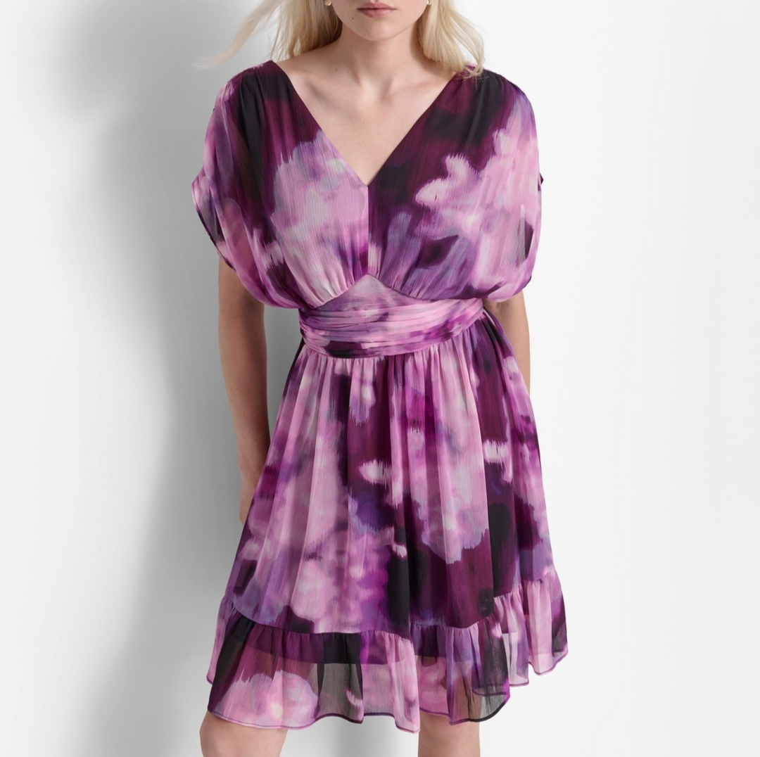 DKNY Women's Printed Ruched-Waist Blouson-Sleeve Dress MSRP $168