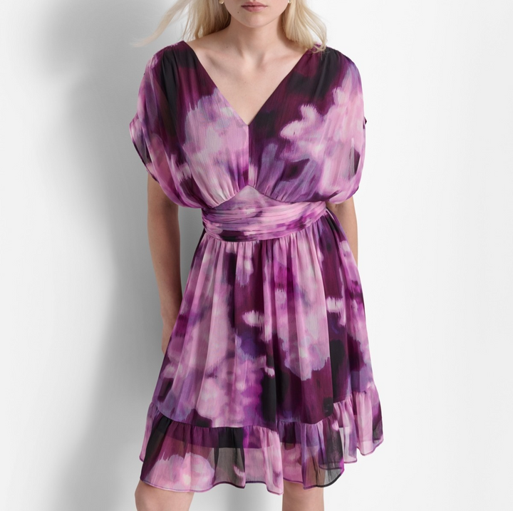 DKNY Women's Printed Ruched-Waist Blouson-Sleeve Dress MSRP $168