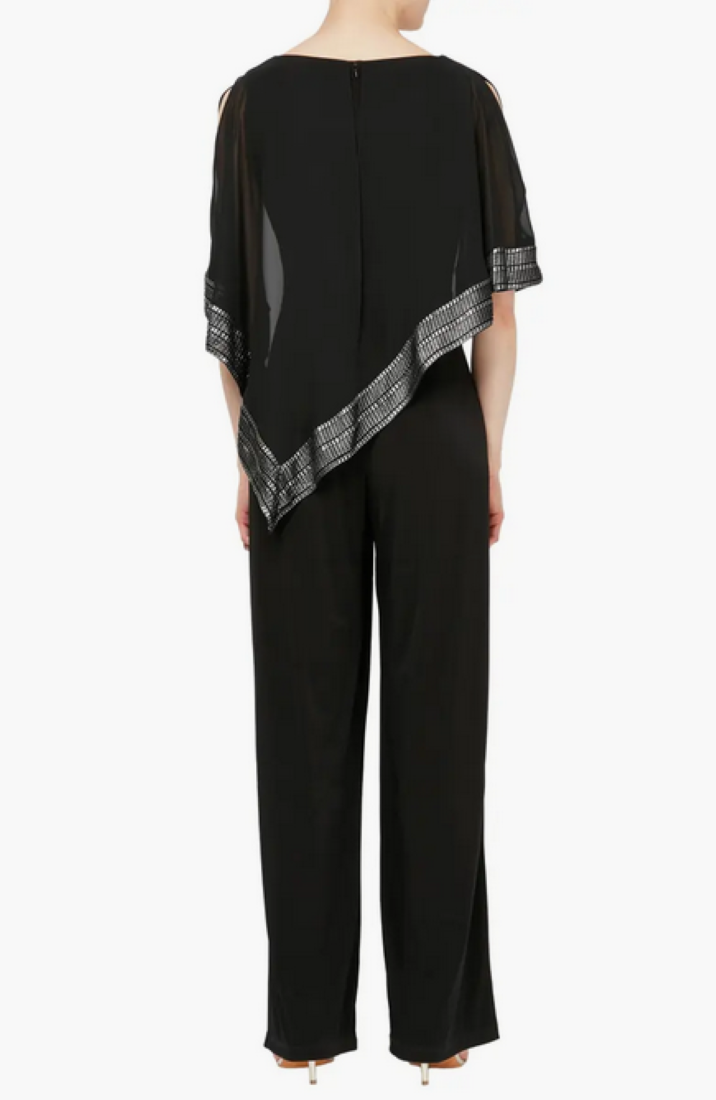 SL FASHIONS Foil Trim Asymmetric Popover Capelet Jumpsuit MSRP $129
