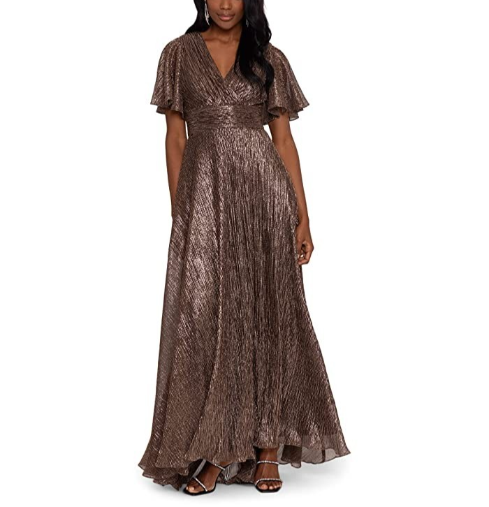 Betsy & Adam Women's V-Neck Flutter-Sleeve Metallic Dress MSRP $289