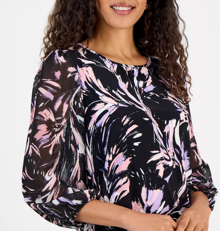 Kasper Women's Printed 3/4-Sleeve Blouson Top MSRP $69