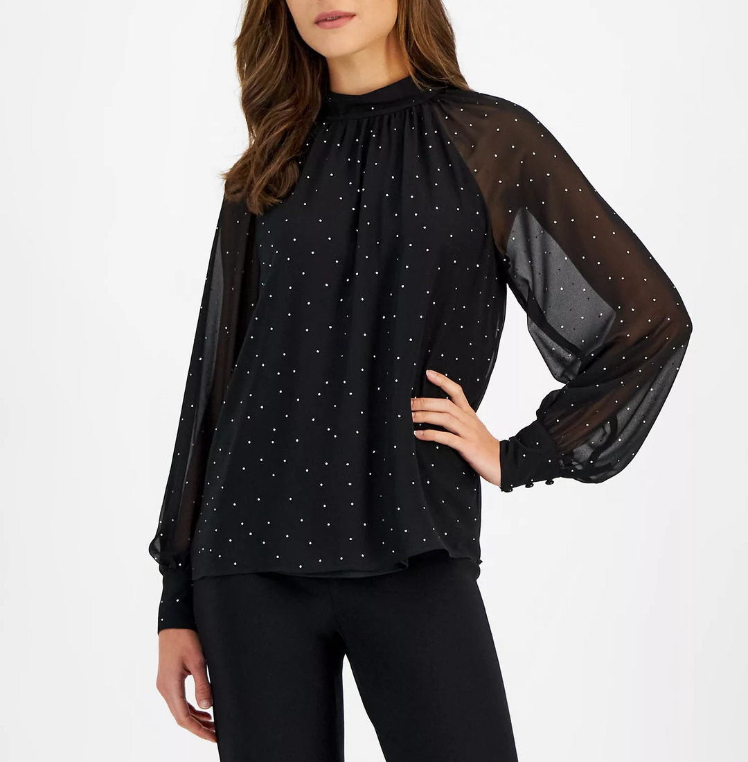 Anne Klein Women's Studded Raglan-Sleeve Mock-Neck Top MSRP $99