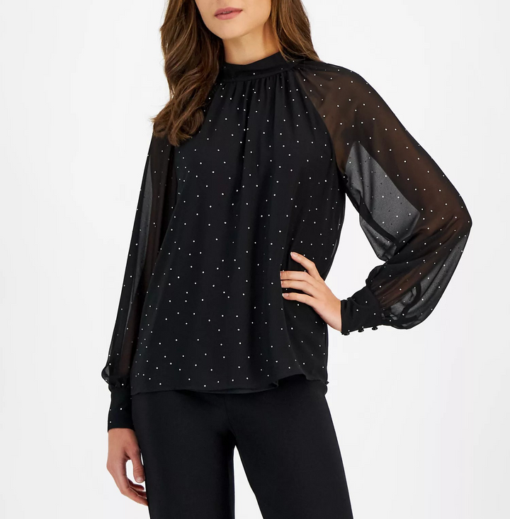 Anne Klein Women's Studded Raglan-Sleeve Mock-Neck Top MSRP $99