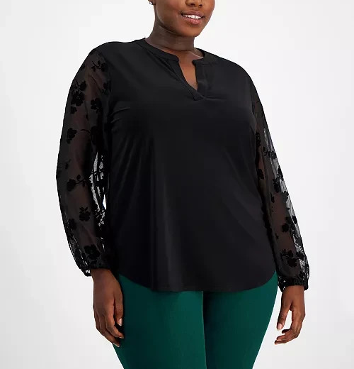 Kasper Plus Size Split-Neck Contrast-Long-Sleeve Blouse MSRP $89